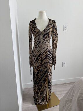 Zara Long-Sleeve Zebra-Print Maxi Dress in Taupe and Black